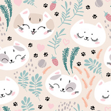 Seamless Pattern With Cute Cat Faces And Cat Footprints. Ornament For Children's Textiles, Typography.
