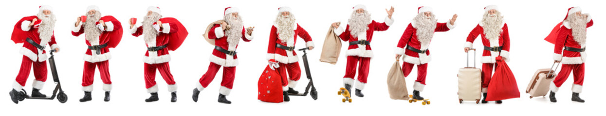 Wall Mural - Santa Claus with bag and electric bike on white background