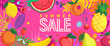 © tandav - Bright Sale banner for summer 2022. Template offer to big discounts in hot season, poster with hand drawn fruits and berries on pink background. Design for banners, cards, flyers. Vector Illustration.