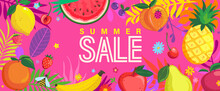 Bright Sale Banner For Summer 2022. Template Offer To Big Discounts In Hot Season, Poster With Hand Drawn Fruits And Berries On Pink Background. Design For Banners, Cards, Flyers. Vector Illustration.