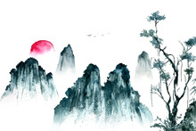 Watercolor Painting Of A Landscape With Trees In The Foreground. In Oriental Chinese Style. 