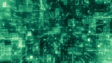 Motion Graphic 4K Camera Flying Into A Green Digital Technologic Abstract Hologram 3d Matrix. Big Data Digital Futuristic Code Network Connection Concept. Seamless Loop 3D Render