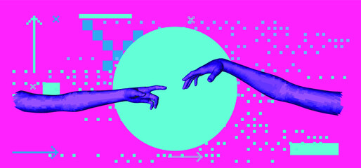 Aufkleber - Vector low poly 3D model of hands going to touch together, reminiscent of Michelangelo's artwork. Conceptual illustration of Artificial intelligence.