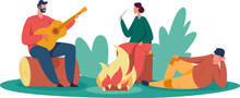 Outdoor Rest People Near Campfire With Guitar. Vector Summer Vacation And Campfire, Nature Outdoor Rest Illustration