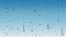Realistic Rain Drops On Window Glass, Steam Shower Condensation. Raining Water Droplets, Clear Raindrops On Transparent Vector Background. Blue Gradient Backdrop With Flowing Blobs