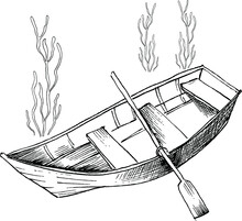 Ink Drawing Of The Boat With Oar And Seaweeds. The Boat And The Seaweeds Are In Different Layers. Vector Illustration In Vintage Style.