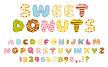 Cartoon Sweet Donuts Font, Colorful Glazed Donut Letters And Numbers. Cute Dessert Alphabet, Delicious Abc Doughnuts With Sprinkles Vector Set. English Language, Numerals And Punctuation Marks