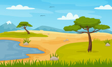 Cartoon African Savannah Landscape With Trees And Mountains. Panoramic Safari Fields Scene, Zoo Or Park Savanna Nature Vector Illustration. Outside Wild Vegetation And Lake Or Pond