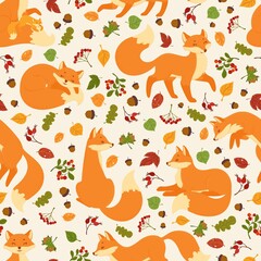 Wall Mural - Cartoon cute red foxes seamless pattern with forest elements. Funny fox with leaves and berries, wildlife woodland animal vector print texture. Adorable mother with kid, walking character