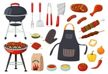 Cartoon Barbecue Equipment, Outdoor Bbq Picnic Elements. Grilled Steak And Vegetables, Barbecued Food For Summer Grill Party Vector Set. Cooking Tools And Appliances, Charcoal And Meat