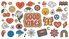 Retro 70s Groovy Elements, Cute Funky Hippy Stickers. Cartoon Daisy Flowers, Mushrooms, Peace Sign, Heart, Rainbow, Hippie Sticker Vector Set. Positive Symbols Or Badges Isolated On White