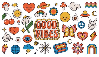 Wall Mural - Retro 70s groovy elements, cute funky hippy stickers. Cartoon daisy flowers, mushrooms, peace sign, heart, rainbow, hippie sticker vector set. Positive symbols or badges isolated on white