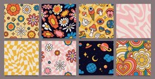 Retro 70s Psychedelic Seamless Patterns, Groovy Hippie Backgrounds. Cartoon Funky Print With Flowers And Mushrooms, Hippy Pattern Vector Set. Cosmos With Ufo Spaceship And Stars, Floral Design