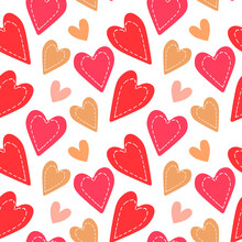 Seamless Pattern On The Theme Of Love, Stitched Cute Hearts Of Pink Shades On A White Background. Print, Textiles, Cover For St. Valentine's Day, Weddings
