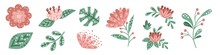 Vector Flower Set. Cute Pink Flowers In A Minimal Style. Berries, Flower Arrangements, Leaves And Plants. Flowers On A White Background.