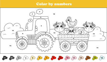 Color by numbers page with tractor and farm animals - cows, pig and hen, printable worksheet for kids