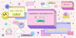 Subscribe newsletter web banner template in retro computer interface style. Retrowave design for mail marketing. 90s browser tab with new message, vintage browser dialog tab and hipster stickers