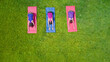© Iuliia Sokolovska - Family fitness and sport outdoors, group of active girls doing workout in park, active women exercising outdoor on green grass, aerial top view from above