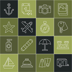 Poster - Set line Rv Camping trailer, Sand castle, Hotel door lock key, Photo camera, Plane, Starfish, Anchor and Compass icon. Vector