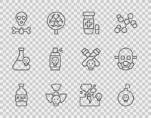 Set Line Poisoned Alcohol, Nuclear Bomb, Antidote, Radioactive, Bones And Skull, Spray Against Insects, Poisonous Cloud Of Gas Or Smoke And Gas Mask Icon. Vector