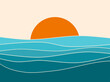 Sunset landscape boho 70's style retro graphic design, blue water ocean waves with abstract vintage art illustration, orange sun color gradient, card, poster, sticker design, simple nature element