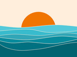 Fototapeta Zachód słońca - Sunset landscape boho 70's style retro graphic design, blue water ocean waves with abstract vintage art illustration, orange sun color gradient, card, poster, sticker design, simple nature element