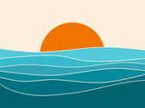 Fototapeta Zachód słońca - Sunset landscape boho 70's style retro graphic design, blue water ocean waves with abstract vintage art illustration, orange sun color gradient, card, poster, sticker design, simple nature element