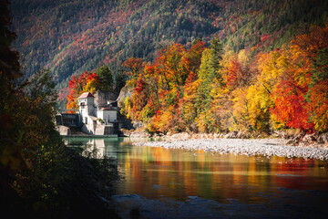 Poster - Beautiful autumn view of the Saalach river. Berchtesgadener Land, Germany