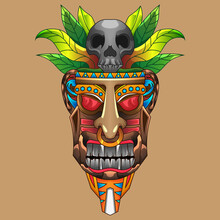 Illustration Astec Tiki Mask Fantasy God Indian In Africa Statue Hawaiian For Apparel Tshirt Design Custom  Design For E Sports Logo Or Gaming Mascot, Robot Head For T Shirt Printing, Apparel Or Badge