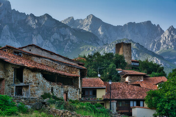 Sticker - Beautiful landscape with medieval buildings in Mogroviejo, Cantabria, pain