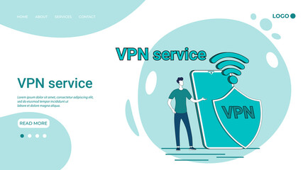 VPN service.Secure data transmission using closed channels.An illustration in the style of a landing page in green.