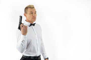 Man whith pistol, a brave tough man holding a gun on a white background