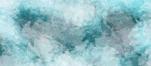 Abstract Blue Sky Water Color Background, Illustration, Texture For Design. Abstract Art Blue Watercolor Background.  Blue Green And White Watercolor Background Painting With Cloudy Distressed Texture