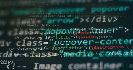 programming code screen of software developer. software programming work time. code text written and