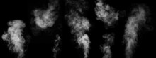 White Smoke Collection On Black Background. Fog Or Smoke Set Isolated On Black Background. White Mist Or Smog Background.