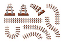 Train Rails. Top View Of Railroad For Cargo Locomotives, Subway And Tram. Transport Route Travel Symbol. Turns And Straight Railway Parts. Vector Metal Railings And Wooden Sleepers Set