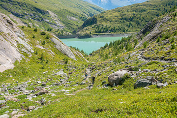 View down at Margaritze artifical lake  in Hohe Tauern in Alps in Austria