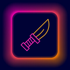 Poster - Glowing neon line Dagger icon isolated on black background. Knife icon. Sword with sharp blade. Colorful outline concept. Vector