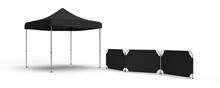 Black Gazebo Tent Marquee Roof With Collapsible Partition Wall Display In Front Creating A Walk Way. 3D Illustration Mockup, 3d Render Isolated On White.