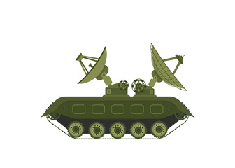 Military truck. Army transport with antenna. Modern appliances in protective green color. Radar and detection system. Scanning and recognition. Cartoon illustration