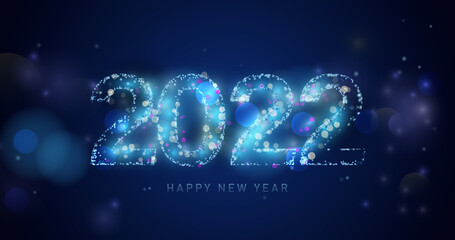 Poster - Happy New Year 2022. Abstract light sparking in 2022 shape on bokeh background
