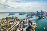 Aerial drone panoramic view of Sydney City, the Sydney Harbour and the Harbour Bridge looking from North Sydney over Lavender Bay 