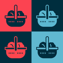 Pop Art Shopping Basket And Food Icon Isolated On Color Background. Food Store, Supermarket. Vector