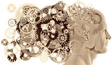 A Figure Head Side Profile Overlaid With Various Sized Semi-transparent Overlapping Machine Cogs And Gears Representing Hard Work And Processes.