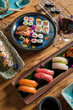 Assorted nigiri and maki sushi on table