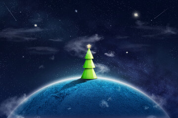Wall Mural - Christmas tree on the planet in the starry sky. New Year card. New Year's illustration. 3D illustration.