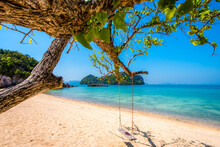 
Beautiful Seaside Swing On A Pure White Beach, Crystal Clear Water, Overlooking The Sand Beneath The Clear Blue Sky.