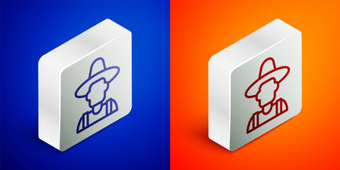 Poster - Isometric line Farmer in the hat icon isolated on blue and orange background. Silver square button. Vector