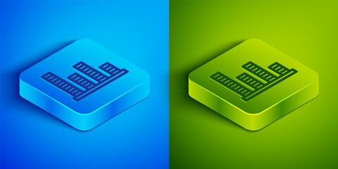 Sticker - Isometric line Music equalizer icon isolated on blue and green background. Sound wave. Audio digital equalizer technology, console panel, pulse musical. Square button. Vector