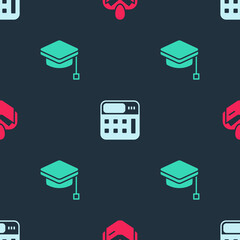 Poster - Set Man reading book, Calculator and Graduation cap on seamless pattern. Vector